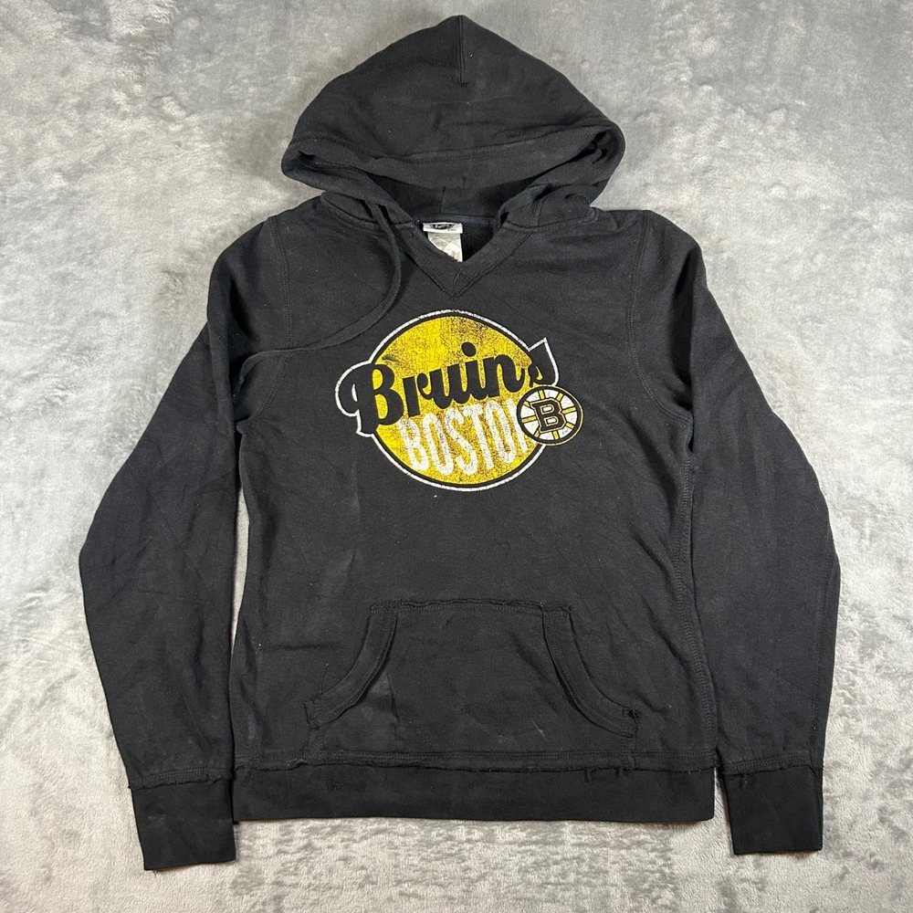 NHL Boston Bruins Hoodie Black Graphic V-Neck Sweatshirt Womens Small Distressed